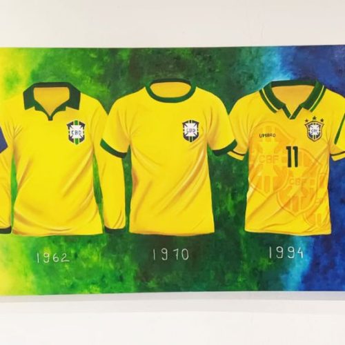 As camisas da seleção na conquista dos cinco campeonatos foram retratadas Foto: Divulgação
