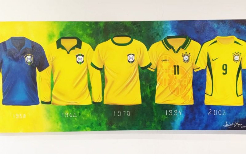 As camisas da seleção na conquista dos cinco campeonatos foram retratadas Foto: Divulgação