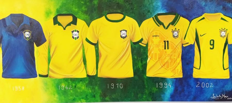 As camisas da seleção na conquista dos cinco campeonatos foram retratadas Foto: Divulgação